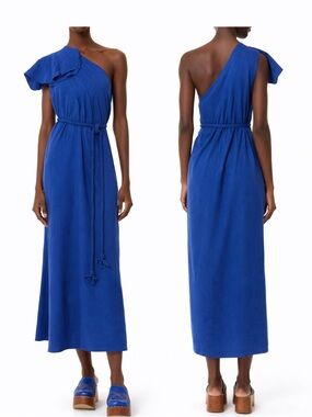 FARM Rio Maxi Dress Elegant Blue One-Shoulder Leaf Dress Sz Small